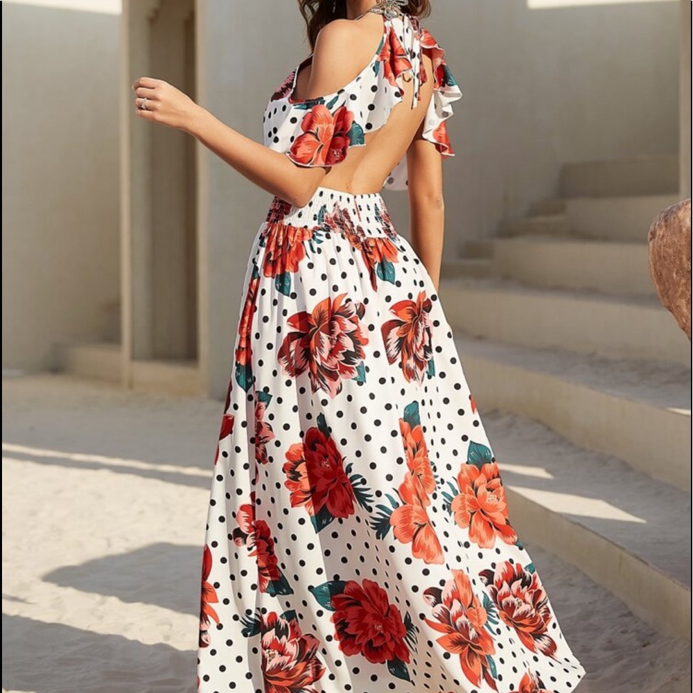 Polka Dot Floral Print Cold Shoulder Shirred Backless Cottagecore Maxi Dress - Picture 3 of 11